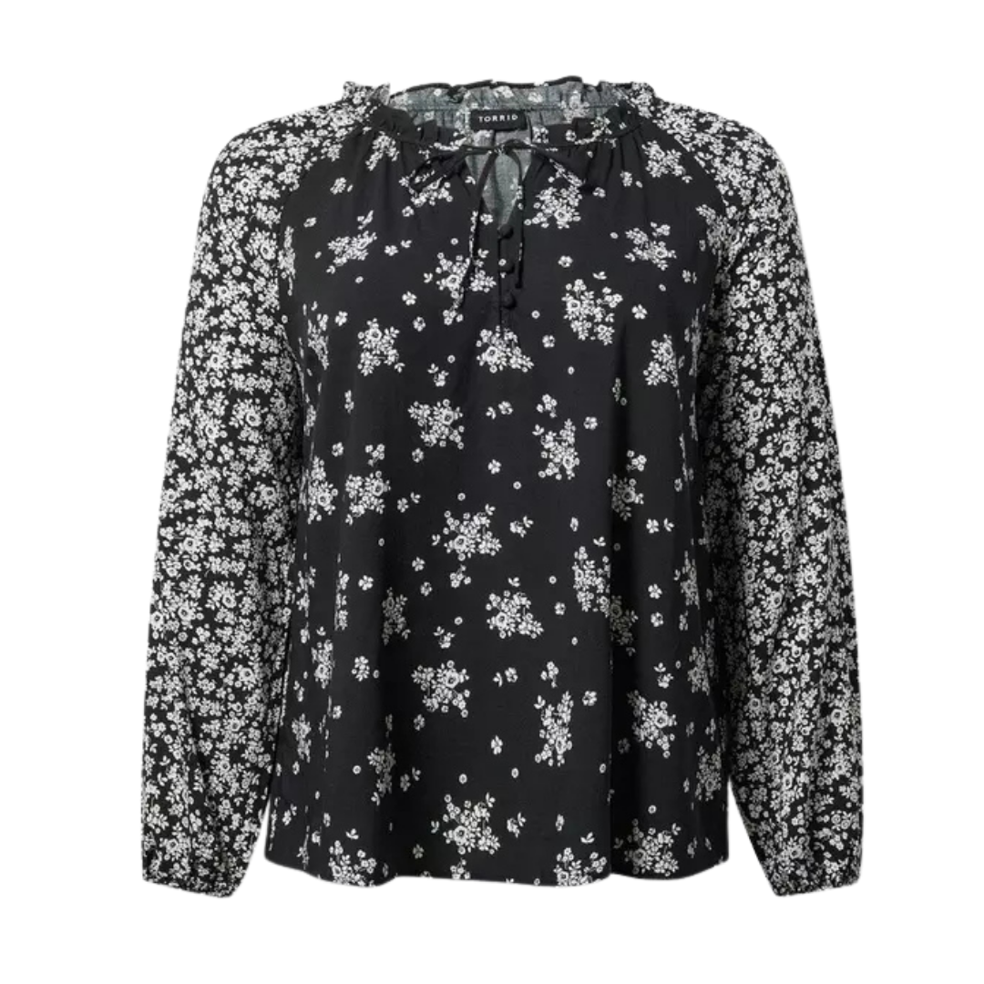 Torrid Black and White Ditsy Floral Peasant Top