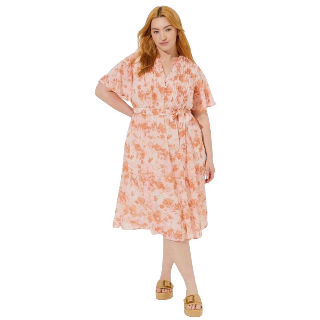 Torrid Peachy Pink Floral Pleated Button Front Dress with Pockets