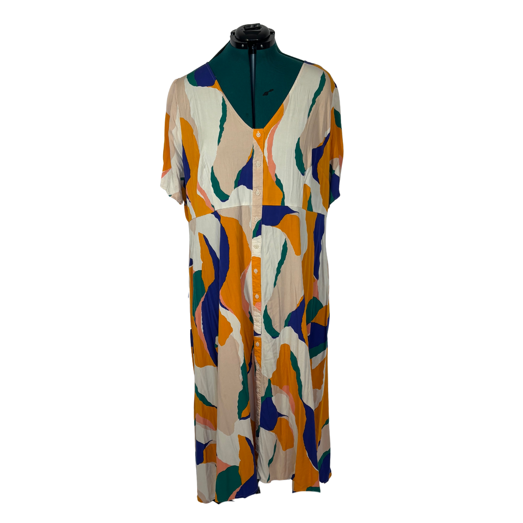 Multicolor Abstract Print Faux Button Front Midi Dress with Pockets