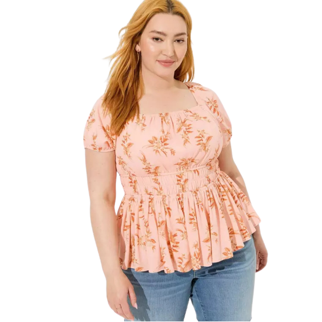 Torrid Pale Pink and Orange Floral Babydoll Top with Corset Detail