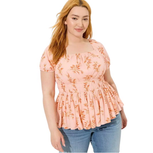 Torrid Pale Pink and Orange Floral Babydoll Top with Corset Detail