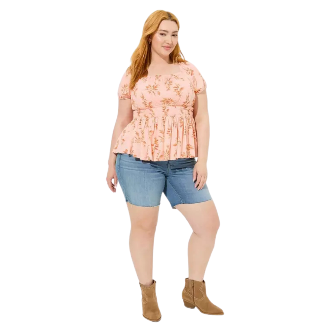 Torrid Pale Pink and Orange Floral Babydoll Top with Corset Detail
