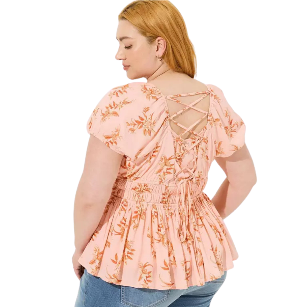 Torrid Pale Pink and Orange Floral Babydoll Top with Corset Detail