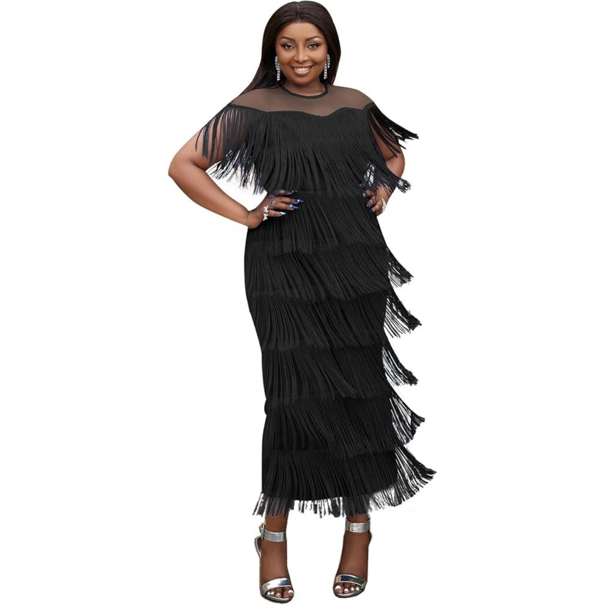 Black Fringe Ankle Length Dress NWT