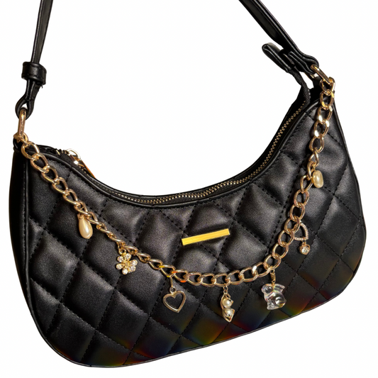 Glitzy Gold Bag Charm on Black Quilted Faux Leather Purse