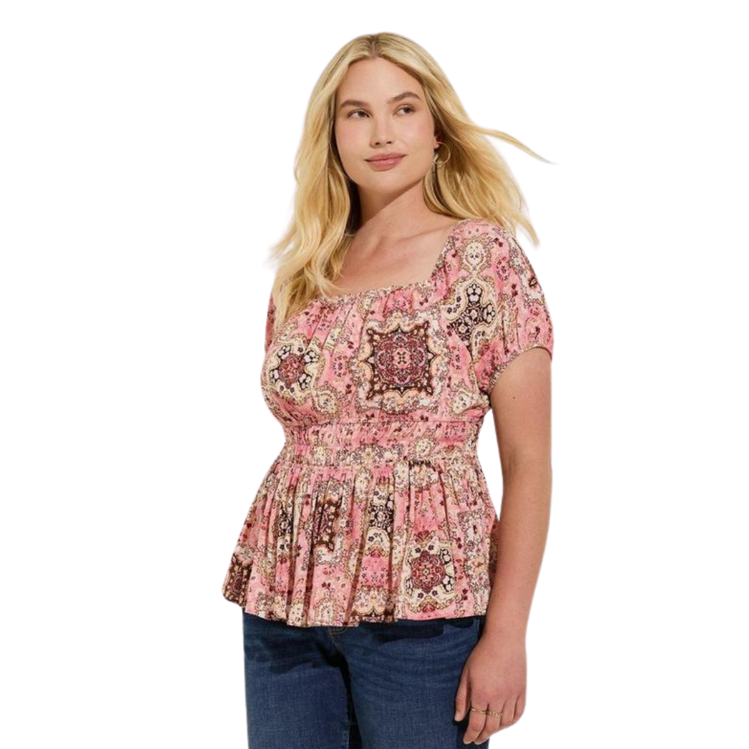 Torrid Pink Paisley Babydoll Top with Corset Detail