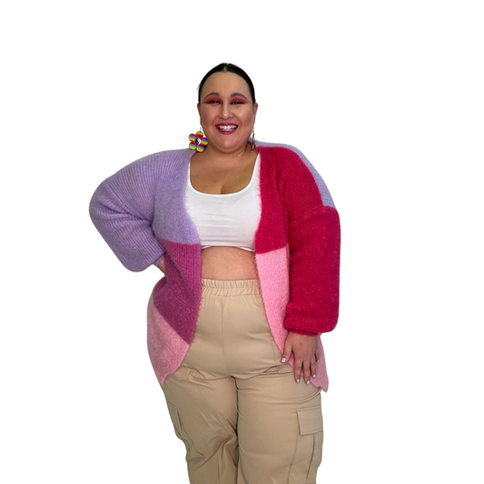 Pink and Purple Colorblock Fuzzy Cardigan Sweater
