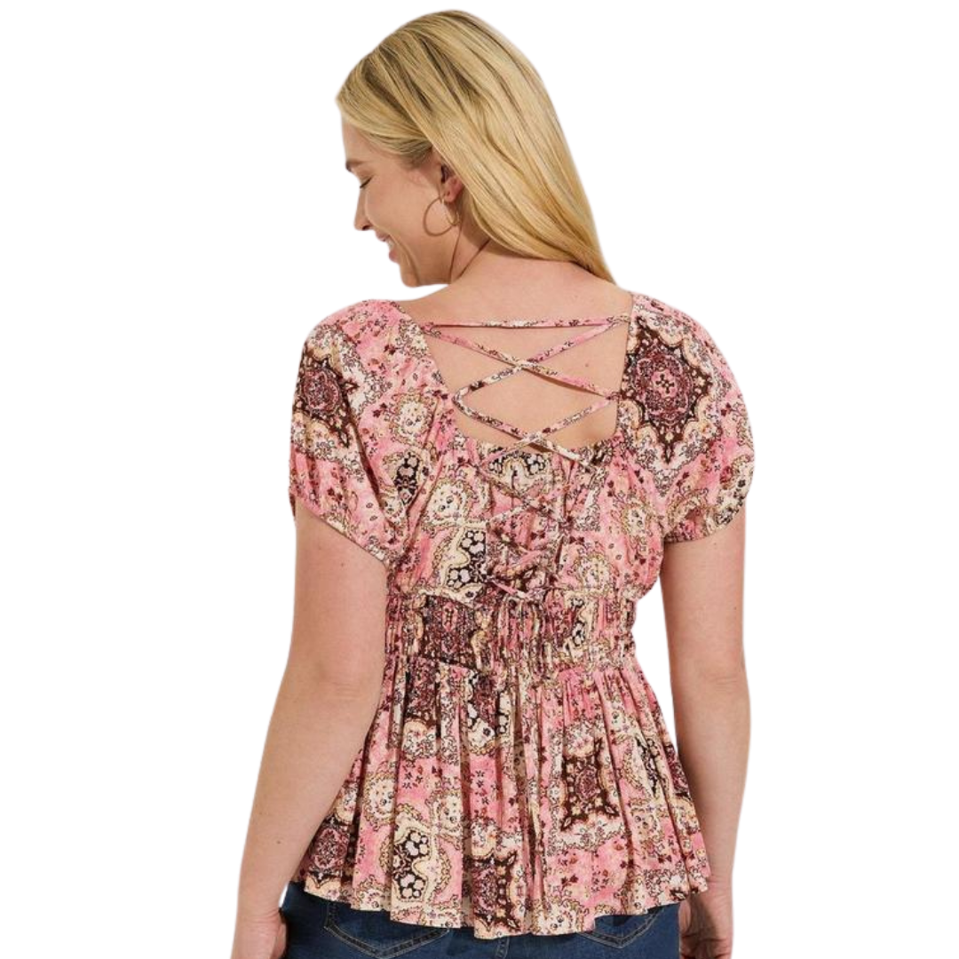 Torrid Pink Paisley Babydoll Top with Corset Detail