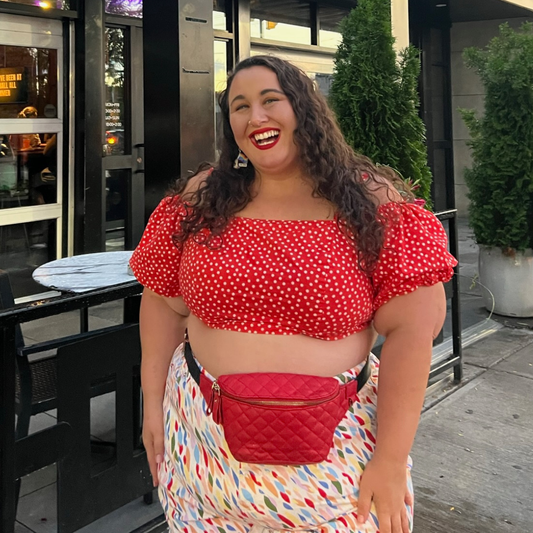 Eloqui Blood Orange and White Polka Dot Off-the-Shoulder Puff Sleeve Crop Top