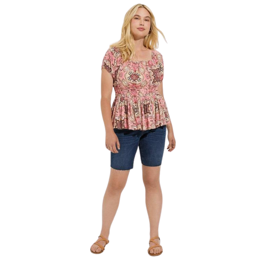 Torrid Pink Paisley Babydoll Top with Corset Detail