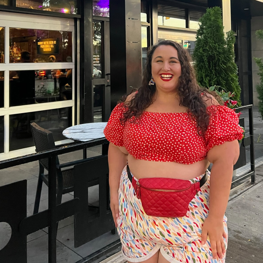 Eloqui Blood Orange and White Polka Dot Off-the-Shoulder Puff Sleeve Crop Top