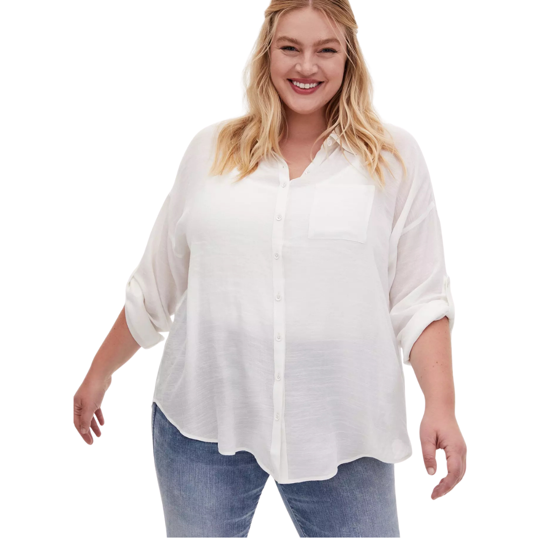 Torrid White Lightweight Long Sleeve Button Down Top