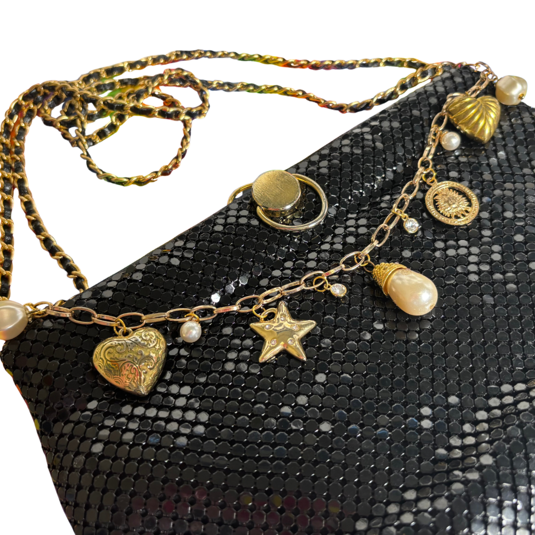 Dripping in Vintage Gold Bag Charm on Vintage Black Metal Mesh Shoulder Bag