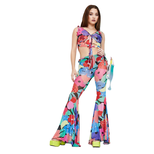 Current Mood Rainbow Fruit Print Mesh Bell Bottom Pants NWT