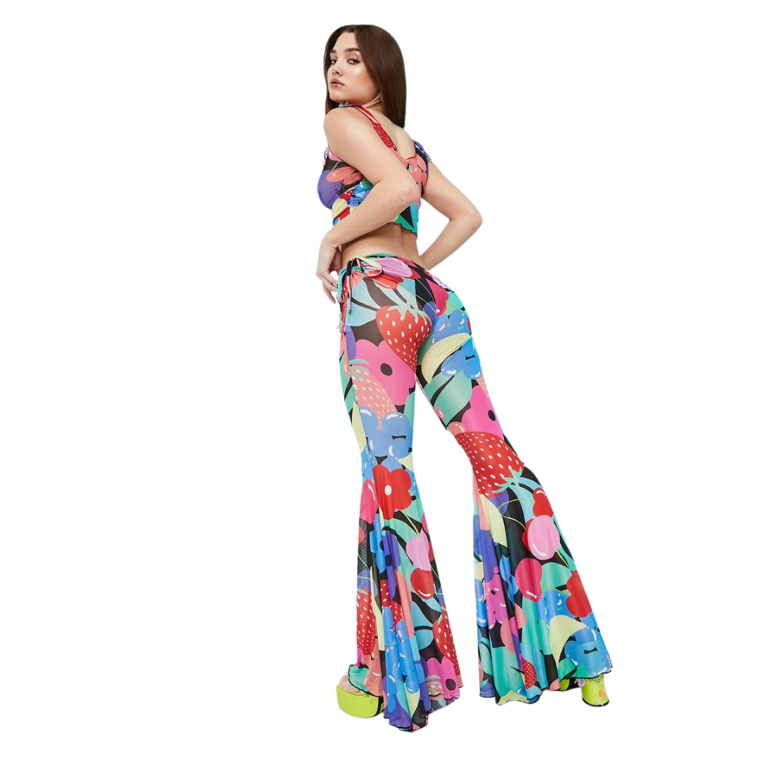 Current Mood Rainbow Fruit Print Mesh Bell Bottom Pants NWT
