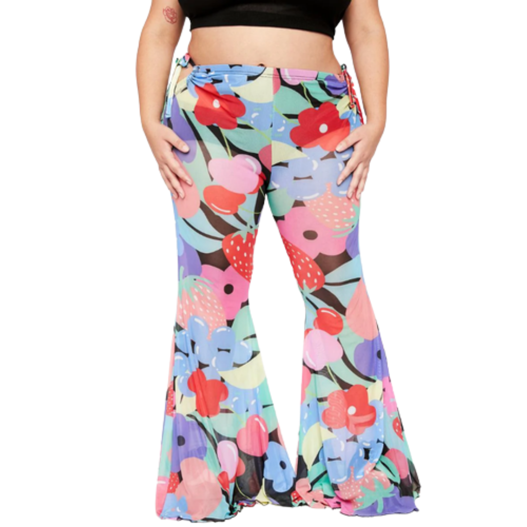 Current Mood Rainbow Fruit Print Mesh Bell Bottom Pants NWT