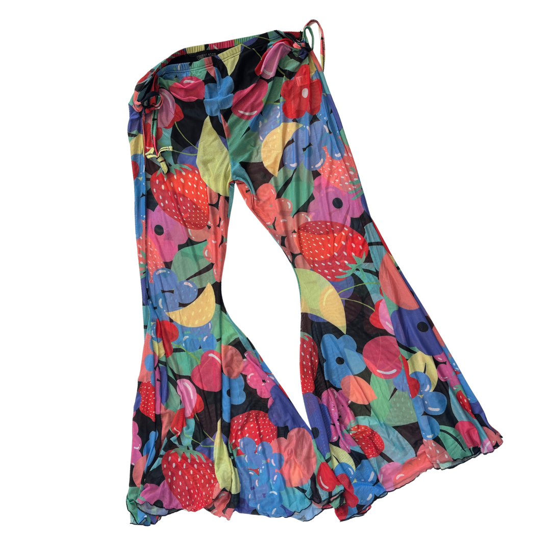 Current Mood Rainbow Fruit Print Mesh Bell Bottom Pants NWT