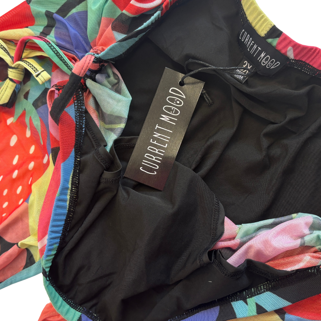 Current Mood Rainbow Fruit Print Mesh Bell Bottom Pants NWT