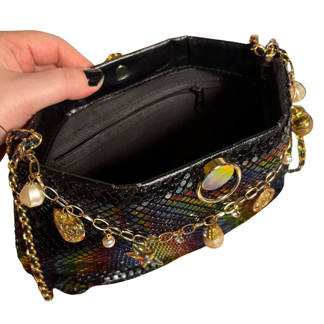 Dripping in Vintage Gold Bag Charm on Vintage Black Metal Mesh Shoulder Bag