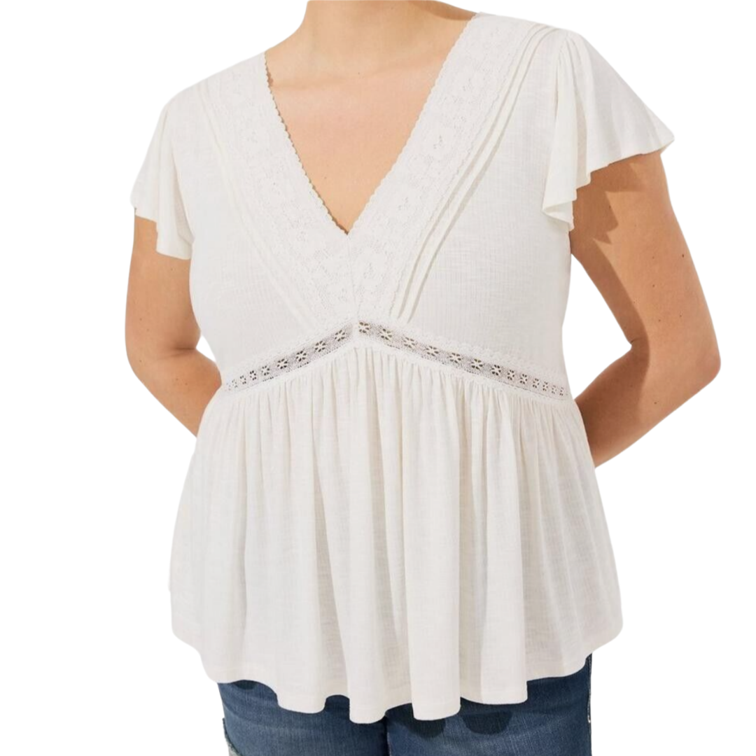 Torrid White V Neck Babydoll Top with Crochet Lace Details
