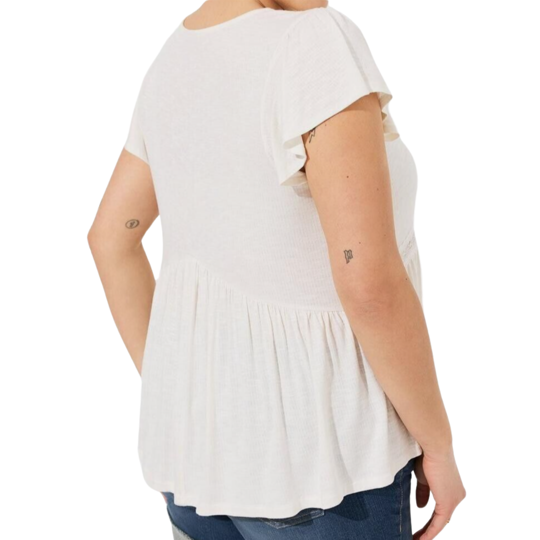 Torrid White V Neck Babydoll Top with Crochet Lace Details