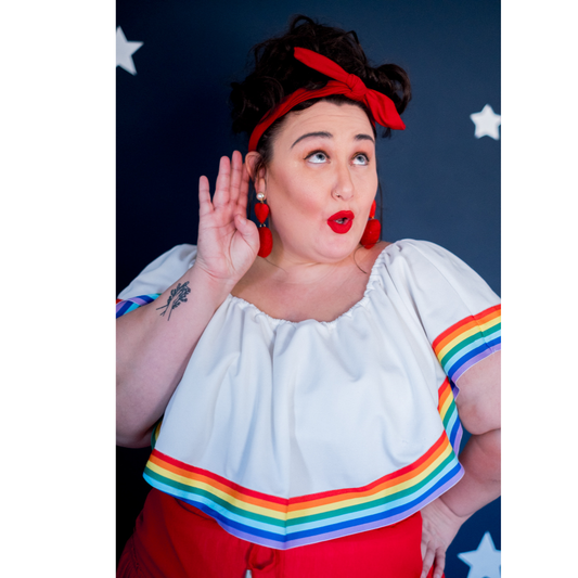 Fashion to Figure White Ruffle Top with Rainbow Trim