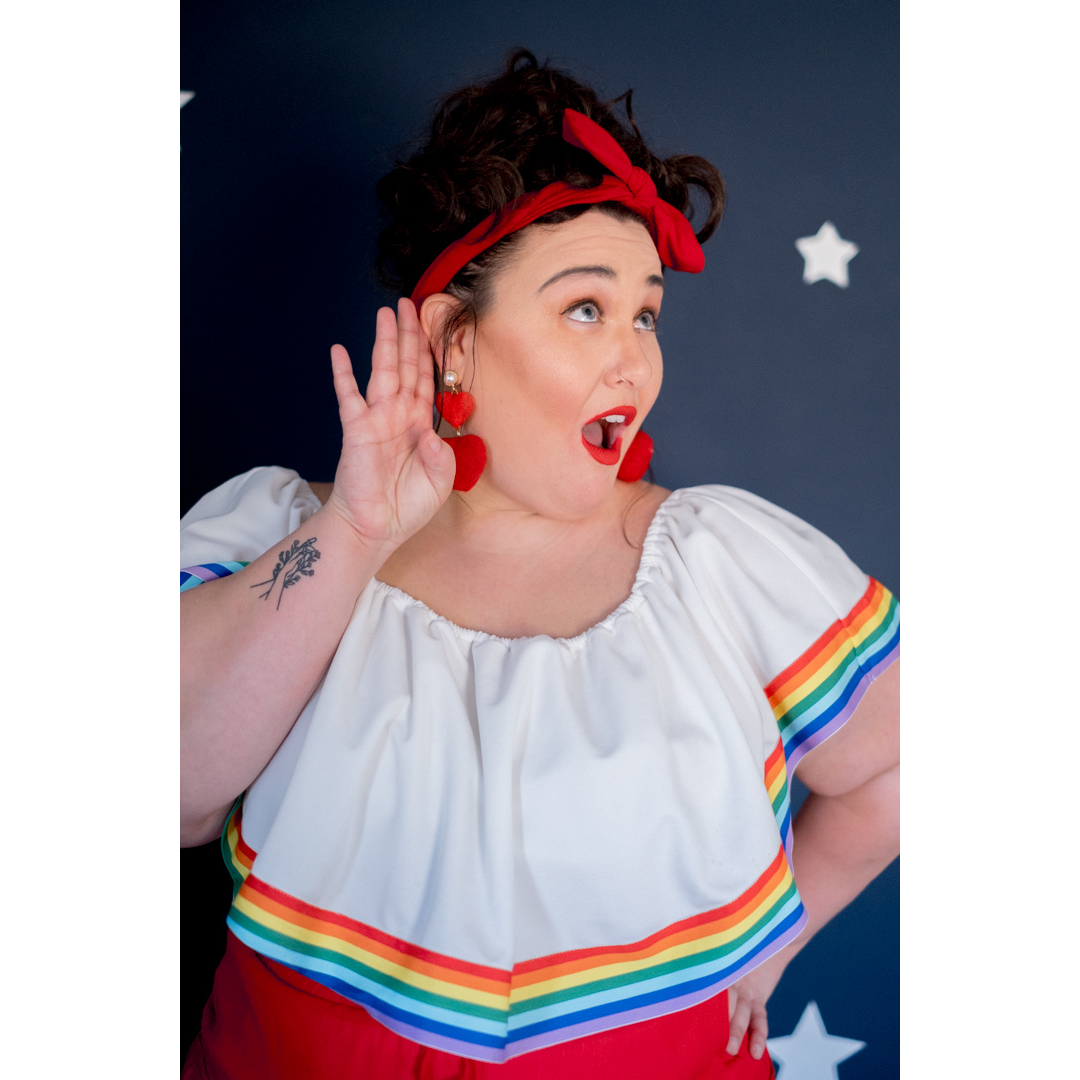 Fashion to Figure White Ruffle Top with Rainbow Trim
