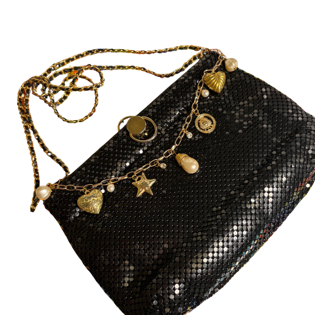 Dripping in Vintage Gold Bag Charm on Vintage Black Metal Mesh Shoulder Bag