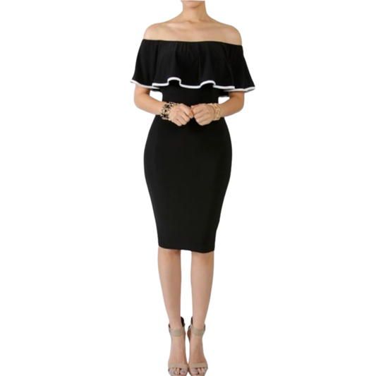 Black Off the Shoulder Bodycon Dress with Ruffle Detail