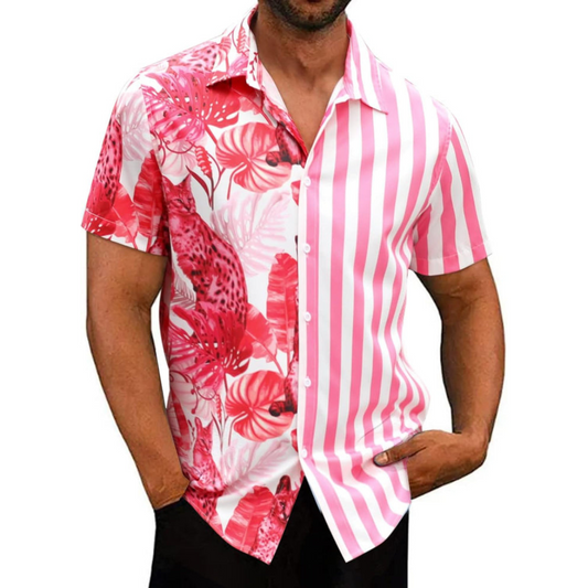Pink Striped and Tropical Print Split Button Down