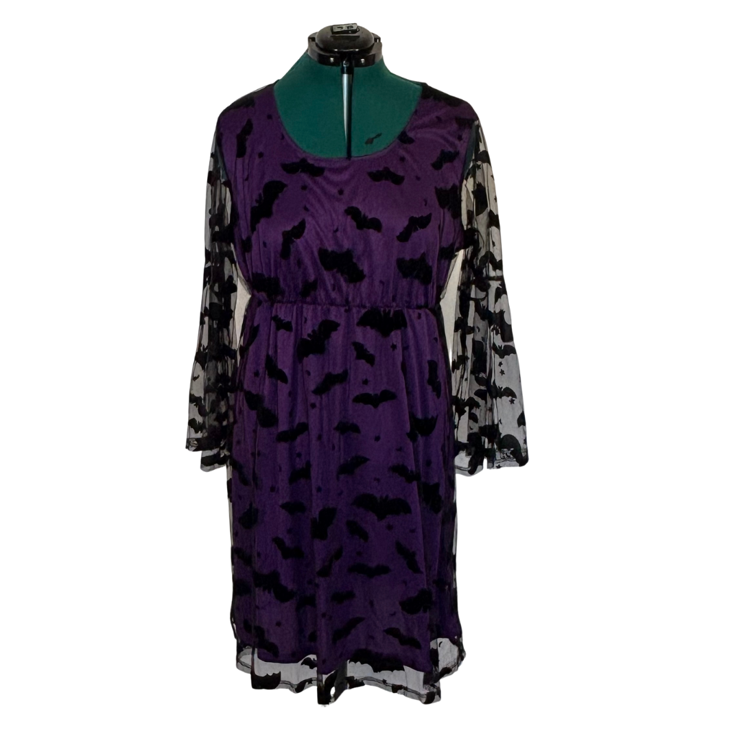 Bloomchic Purple/ Black Bat Print Lace Overlay Dress