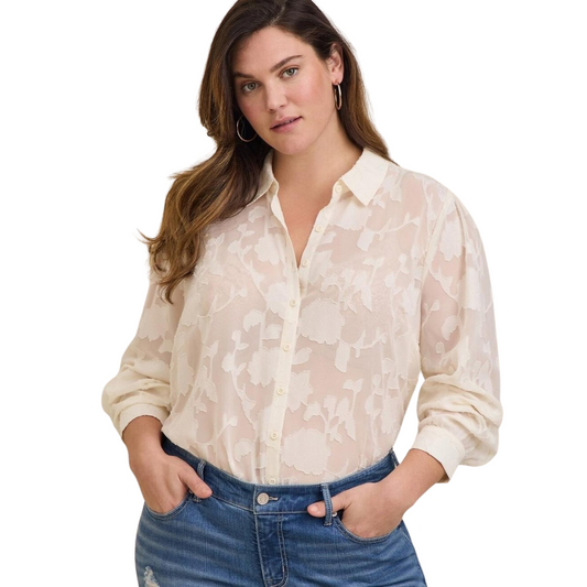 Torrid Semi-Sheer Off White Button Down with Rose Appliques