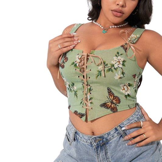 Sage Green Floral and Butterfly Tapestry Bustier
