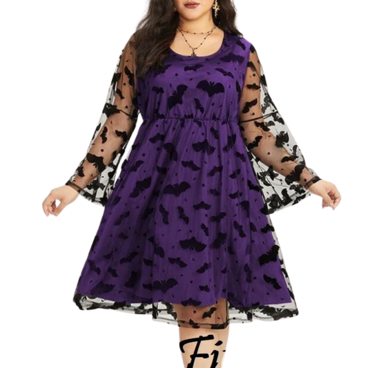 Bloomchic Purple/ Black Bat Print Lace Overlay Dress