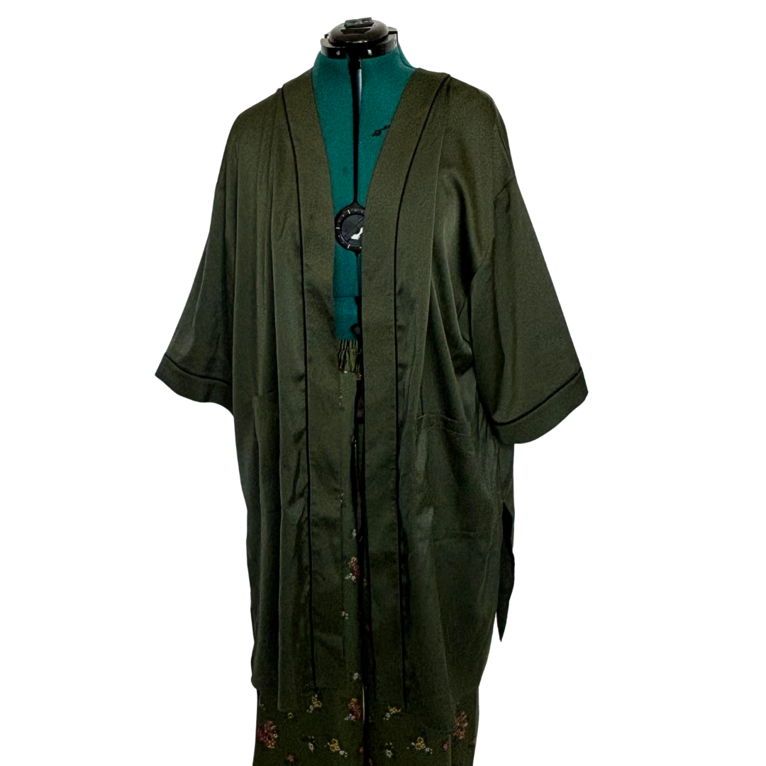 Two Piece Green Duster and Wide Leg Pant Set