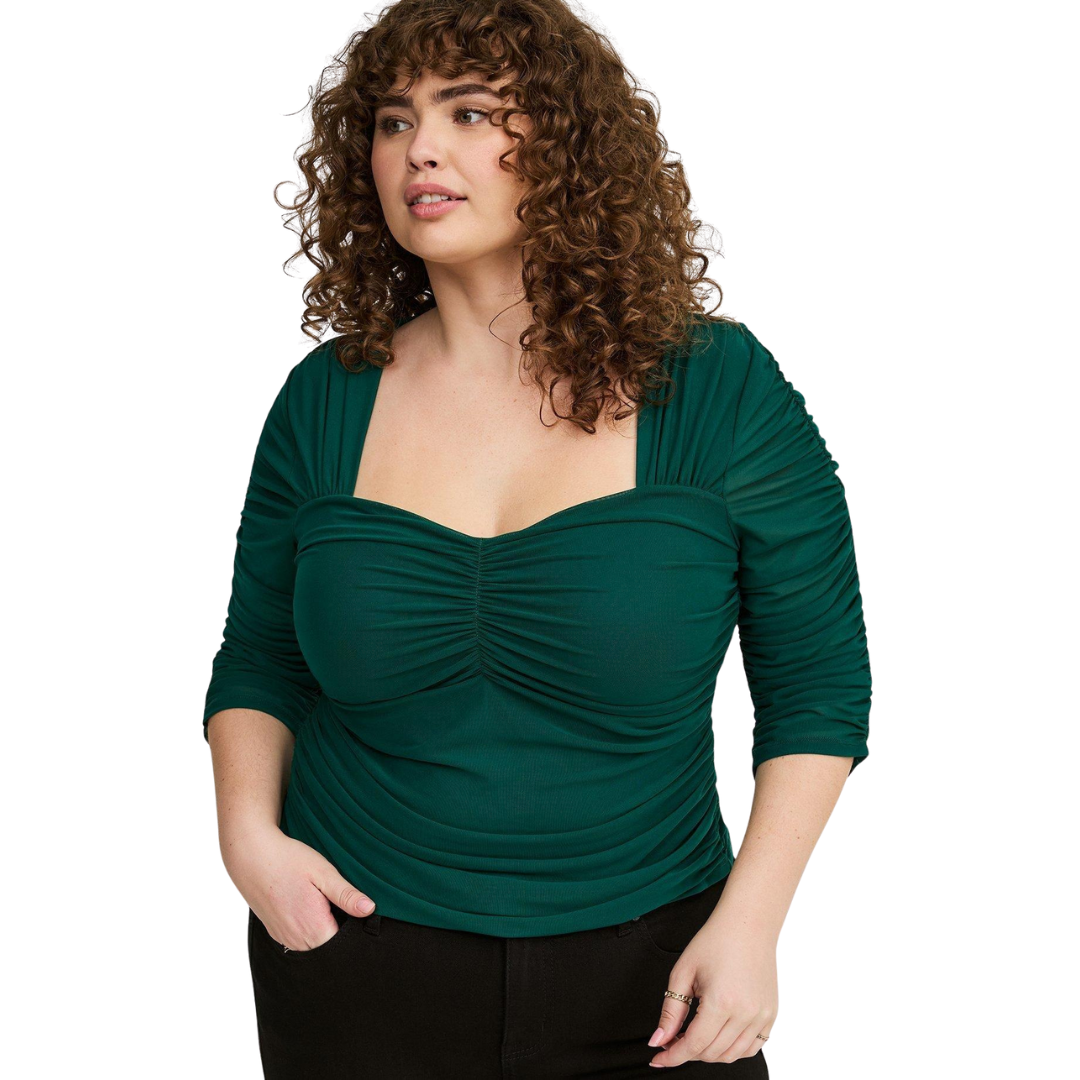 Torrid Green Mesh Overlay Sweetheart Neck Long Sleeve Top