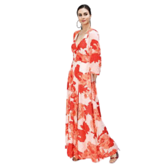 Orange and Peach Floral Full Length Dress