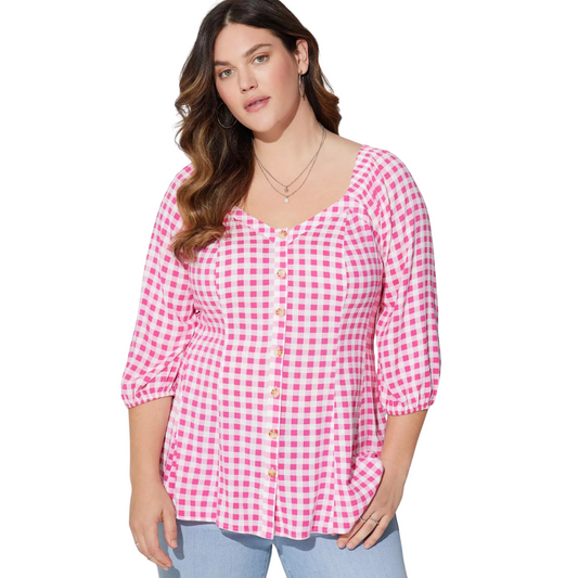 Torrid Pink and White Gingham Faux Button Front Shirt