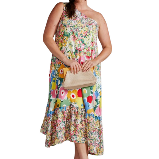 Anthropologie Floral One Shoulder Midi Dress