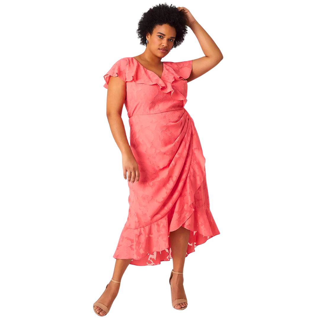 Coral Pink Floral Jaccard Midi Dress
