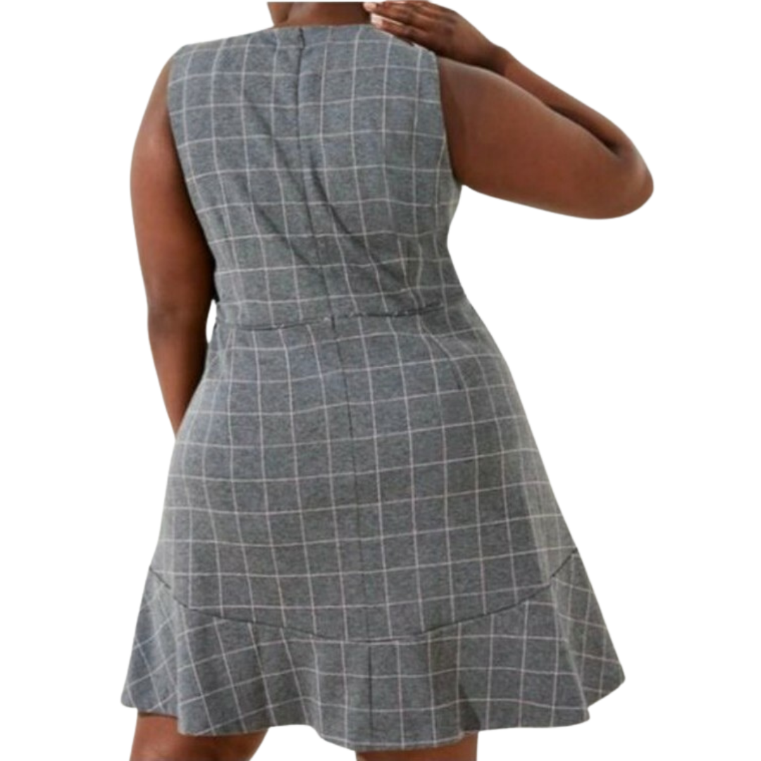 Grey and Pink Windowpane Plaid Sleeveless A-Line Dress