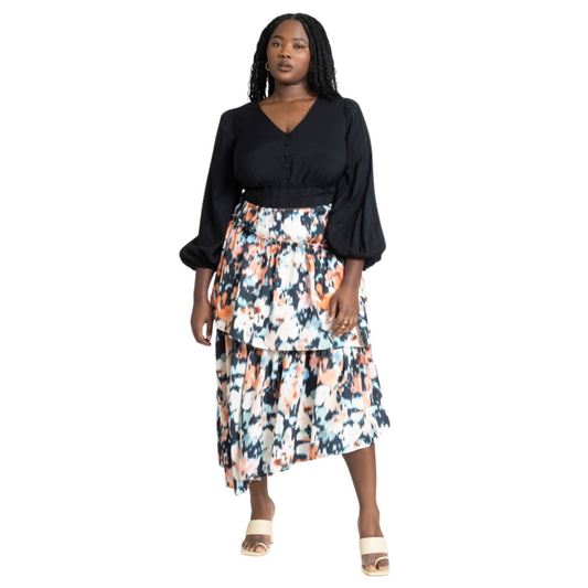 Eloquii Abstract Floral Print Asymmetrical Ruffle Skirt NWT