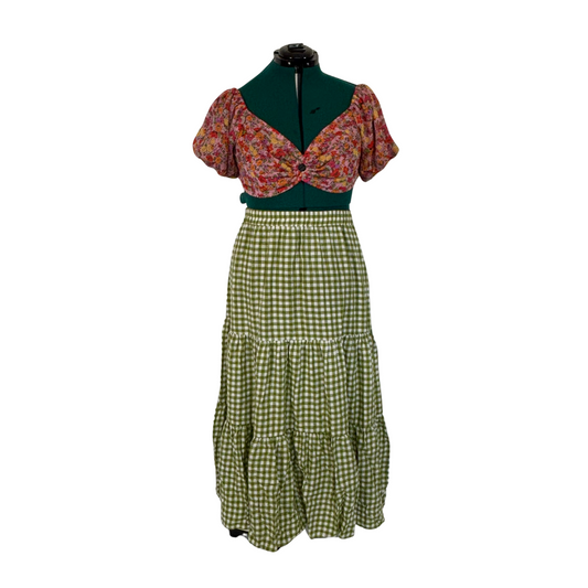 Green and White Gingham Tiered Maxi Skirt