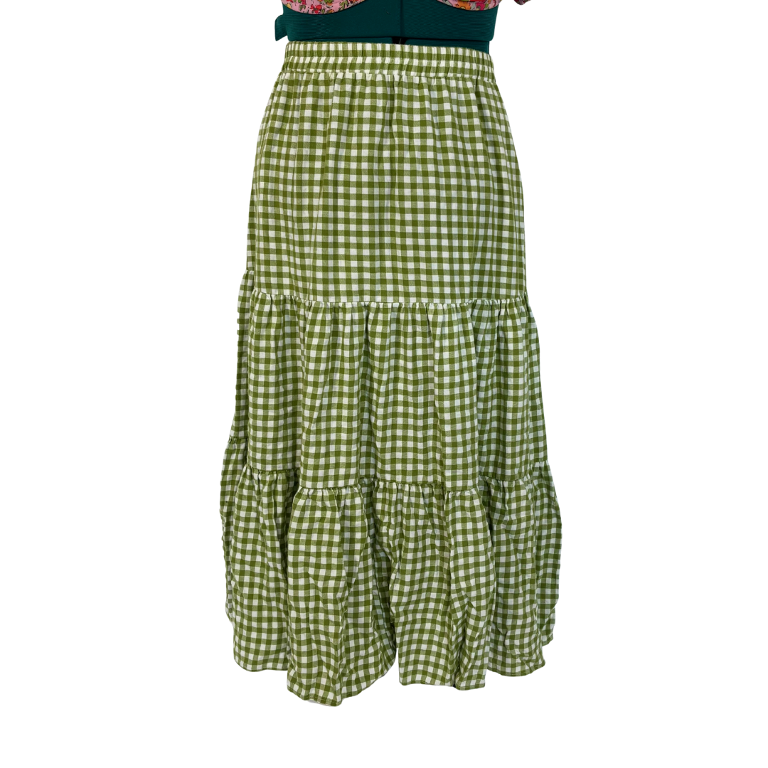 Green and White Gingham Tiered Maxi Skirt