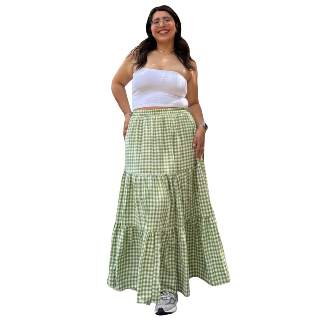 Green and White Gingham Tiered Maxi Skirt