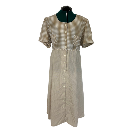 Vintage Betsy Lauren Beige Gingham Button Front 90s Teacher Dress