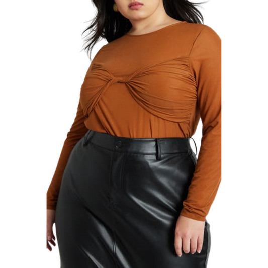 Eloquii Rust Long Sleeve Top with Twisted Chest Detail