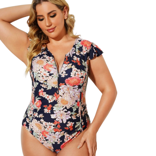 Floral Flutter Sleeve Zip Front Swim Suit