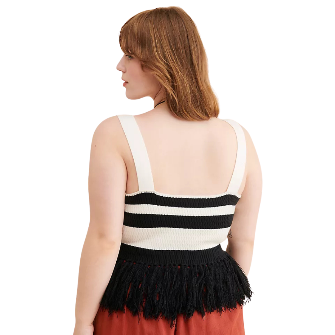 Eloquii Black and White Knit Fringe Tank
