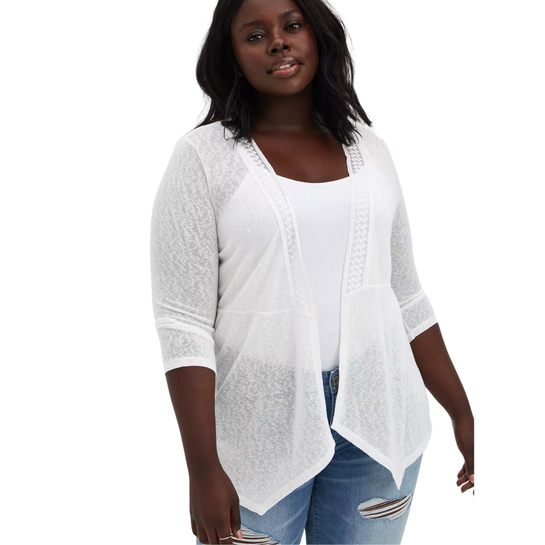 Torrid White Open Front Cardigan with Embroidered Mesh Inlays